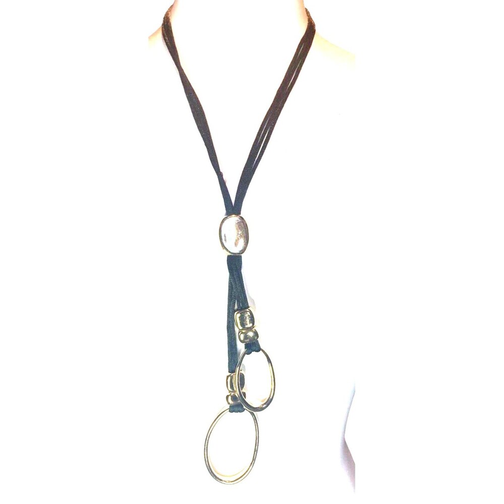 Chicos gold tone drop oval pendants black cord necklace square bead accents